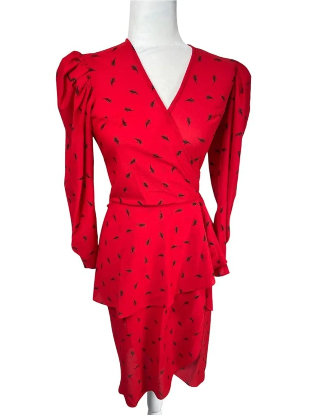 Vintage 80s Red Peplum Midi Dress | Black Leaf Print | Puff Shoulders | S Retro - Picture 1 of 13
